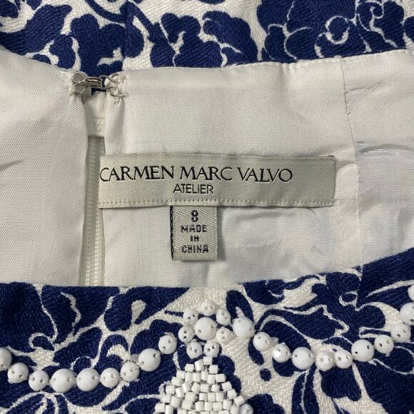 Carmen Marc Valvo Blue Floral Beaded Boatneck Linen  Mini Dress Size 8 Guest‎ - Picture 2 of 13